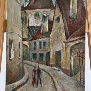 Vintage original painting Ukrainian artist M.Yatsenko,oil painting,city, people, cityscape, street,old house,vintage painting,impressionism