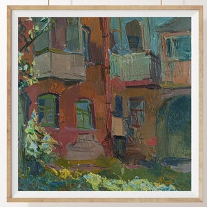 peinture originale vintage « cour » artiste ukrainien Р.Кутняк peinture à l'huile, paysage, peinture vintage, impressionnisme, peinture UA, maison