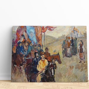 Cuadro original vintage "De excursión", del artista ucraniano Lavrinenko Y., óleo, impresionismo, pintura de género, cosacos, campaña, escuadrón, iglesia.
