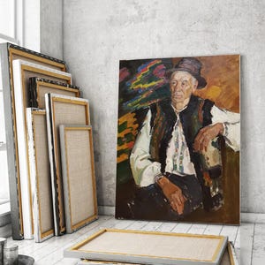 Cuadro original antiguo "Cabecero" del artista ucraniano В.Лавриненко, pintura al óleo, cuadro antiguo, retrato, anciano, hutsul, traje nacional