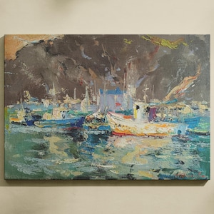 VINTAGE ORIGINAL PAINTING. &quot;harbor&quot; Ukrainian artist Olkhov O.V., oil painting, landscape, vintage painting, impressionism, impasto, art