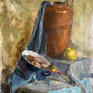 Vintage original painting Ukrainian artist Р.Кутняк oil painting,vintage painting,impressionism,UA painting,still life,table,art,jug,fruits