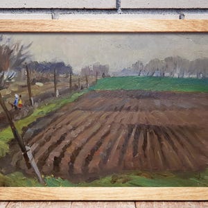 Pintura original vintage del artista ucraniano "Campo" Lavrinenko V. Pintura al óleo, paisaje, impresionismo, preparación del terreno, trabajo de campo, pueblo, arte.