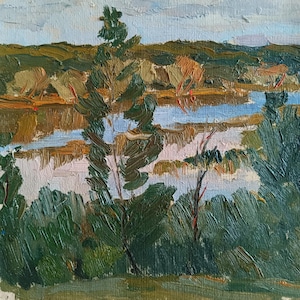 Pintura original vintage del artista ucraniano I. Gapochenko, pintura al óleo, paisaje, pintura vintage, impresionismo, bosque, arte, estanque, pueblo, arboleda
