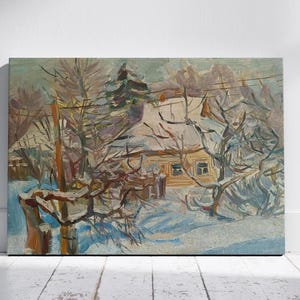 Vintage original painting Ukrainian artist M.Yatsenko,oil painting,vintage painting,impressionism,landscape,forest, grove, village, winter