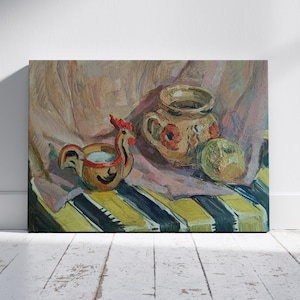 Vintage original painting Ukrainian artist M.Yatsenko, oil painting, still life, vintage painting, impressionism, dishes, fruits, tea, table