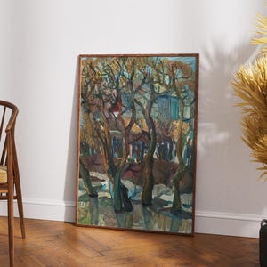Vintage original painting Ukrainian artist M.Yatsenko,oil painting,vintage painting,impressionism,landscape,trees,shore,river near the house