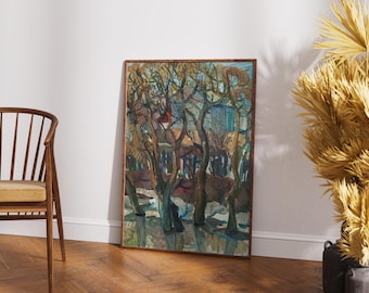 Vintage original painting Ukrainian artist M.Yatsenko,oil painting,vintage painting,impressionism,landscape,trees,shore,river near the house