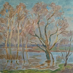 Pintura original vintage "inundação" artista ucraniano Olkhov O.V. pintura a óleo, 1981, cenário, pintura vintage, impressionismo, pintura ua