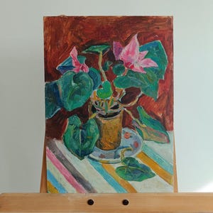 Pintura original vintage del artista ucraniano M.Yatsenko, pintura al óleo, naturaleza muerta, pintura vintage, impresionismo, flores, ramo, jarrón, artes