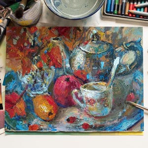 peinture originale vintage nature morte "théière" et "tournesols" artiste ukrainienne Vasylevska I. peinture à l'huile, peinture ua, arts