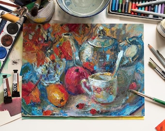 Still Life. Teapot and Sunflowers Oil Painting, Ukrainian Art