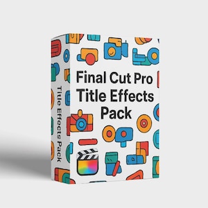 Puede incluir: Una caja blanca con el texto "Final Cut Pro Title Effects Pack" e ilustraciones coloridas de cámaras, claquetas y otros iconos relacionados con el vídeo. La caja está sobre un fondo blanco.
