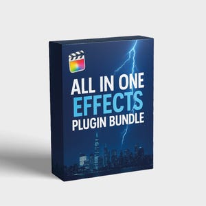 May include: A dark blue box with the text "ALL IN ONE EFFECTS PLUGIN BUNDLE" in white and blue. A lightning bolt graphic and a cityscape silhouette are also visible. A colorful film clapper icon is in the upper left corner.