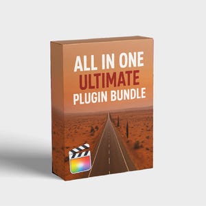 Könnte beinhalten: Eine Produktbox mit dem Text "ALL IN ONE ULTIMATE PLUGIN BUNDLE" in Weiß und Rot. Die Box zeigt eine Wüstenstraßenszene und ein farbenfrohes Filmklappen-Symbol. Das Farbschema ist warm, mit Braun- und Orangetönen.