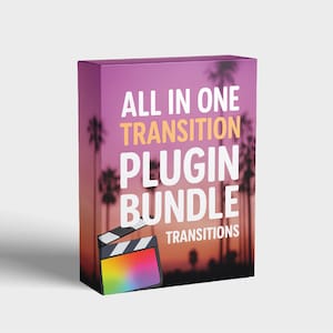 May include: A product box with the text "ALL IN ONE TRANSITION PLUGIN BUNDLE TRANSITIONS" against a sunset backdrop with palm trees. A colorful clapperboard graphic is on the front. The box is a gradient of purple and orange.