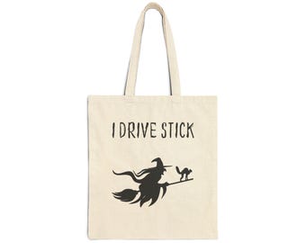 I Drive Stick Witch Cat Halloween Canvas Tote Bag