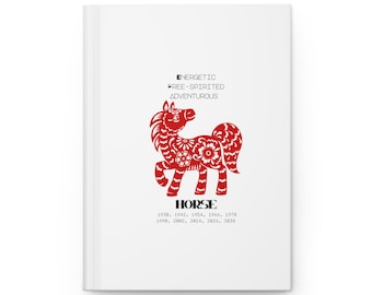 Year of the Horse Hardcover Journal Chinese Zodiac Notebook, Energetic, Free-Spirited, Adventurous, Lunar New Year Gift, Red Paper-Cut Horse