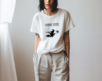 Funny Witch I Drive Stick Unisex Garment-Dyed T-shirt for Halloween, Cat Lover Gift, Anthro Inspired Tee, Wicca Shirt, Witchcraft