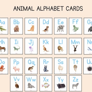 Cartões do alfabeto de animais - Download digital, cartões de alfabeto flash, cartões ABC para impressão, cartões de alfabeto flash para crianças pequenas e pré-escolares