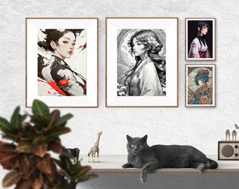 Art, Digital. Japanese anime, Black and White, Vibrant Color