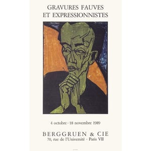 May include: Art exhibition poster with a green-toned portrait and clasped hands, set against orange and black backgrounds. The text at the top reads "GRAVURES FAUVES ET EXPRESSIONNISTES." The poster also includes the dates "4 octobre - 18 novembre 1989" and the gallery name and address.