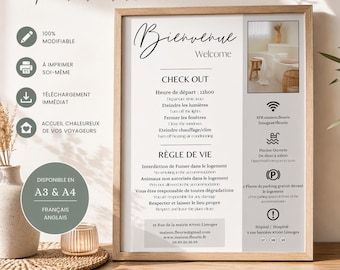 Poster di benvenuto Airbnb / Poster di benvenuto personalizzabile e stampabile per case vacanza (francese e inglese) / Modello per case vacanza