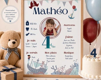 Personalized birthday poster for boys / pirate birthday decorations / printable children's birthday party in French and English