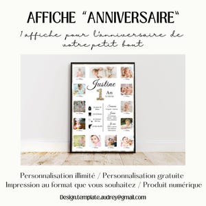 Affiche anniversaire personnalisée / fête d' anniversaire 1 an / poster photo 12 mois de bébé / décoration anniversaire