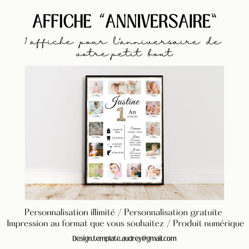 Affiche anniversaire personnalisée / fête d' anniversaire 1 an / poster photo 12 mois de bébé / décoration anniversaire