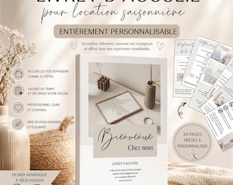 Puede incluir: Un libro blanco titulado "LIVRET D'ACCUEIL" con el texto "Bienvenue Chez nous" en escritura elegante. El libro es para alquileres de temporada y es totalmente personalizable. Incluye iconos y texto en francés.