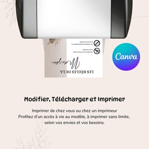 Puede incluir: Una impresora imprime una tarjeta blanca con el texto "LES R&Egrave;GLES DE LA MAISON" en escritura negra. La tarjeta tambi&eacute;n incluye s&iacute;mbolos de prohibici&oacute;n y el logotipo de Canva. El texto "Modifier, T&eacute;l&eacute;charger et Imprimer" est&aacute; debajo.