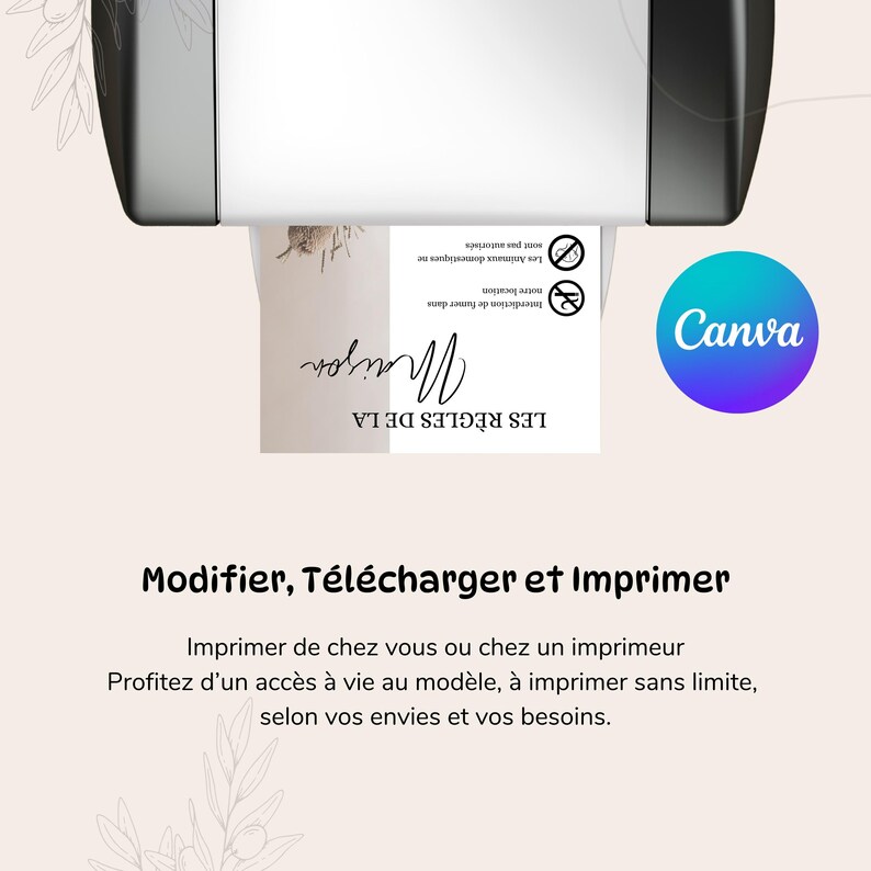Puede incluir: Una impresora imprime una tarjeta blanca con el texto "LES R&Egrave;GLES DE LA MAISON" en escritura negra. La tarjeta tambi&eacute;n incluye s&iacute;mbolos de prohibici&oacute;n y el logotipo de Canva. El texto "Modifier, T&eacute;l&eacute;charger et Imprimer" est&aacute; debajo.