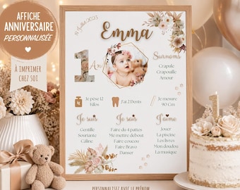Póster de cumpleaños personalizado para niña o niño / decoración floral de cumpleaños / fiesta de cumpleaños infantil imprimible en francés