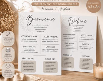 Airbnb welcome poster / Personalized and printable holiday rental welcome poster (French and English) / Template for vacation rentals