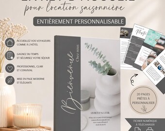 Puede incluir: Un libro de bienvenida digital para alquileres de temporada. La portada presenta la palabra "Bienvenue" en escritura elegante. Contiene 20 páginas personalizables. El diseño incluye un jarrón blanco con eucalipto y una vela.