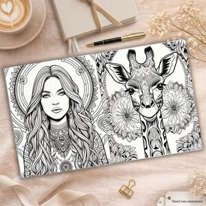 May include: Black and white coloring book pages featuring a woman and a giraffe, both with intricate mandala-style designs. The woman has long wavy hair and detailed jewelry. The giraffe has a detailed pattern on its face and neck.