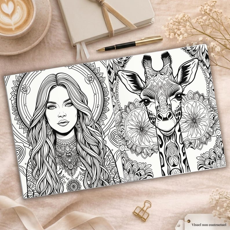 May include: Black and white coloring book pages featuring a woman and a giraffe, both with intricate mandala-style designs. The woman has long wavy hair and detailed jewelry. The giraffe has a detailed pattern on its face and neck.