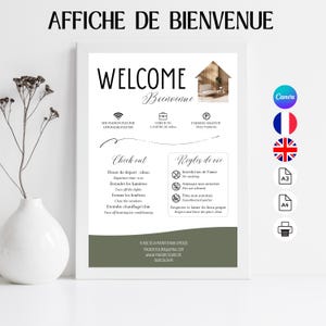 Peut inclure: Une affiche de bienvenue encadrée avec le texte "WELCOME Bienvenue" en écriture noire. L'affiche comprend des icônes pour le Wi-Fi, l'enregistrement et le parking gratuit, ainsi que des instructions de départ et des règles.
