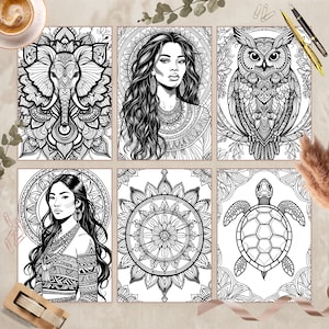 May include: Six black and white coloring book pages featuring intricate designs. The pages depict an elephant, a woman, an owl, another woman, a mandala, and a turtle. The designs are detailed and suitable for coloring.