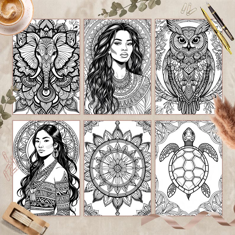 May include: Six black and white coloring book pages featuring intricate designs. The pages depict an elephant, a woman, an owl, another woman, a mandala, and a turtle. The designs are detailed and suitable for coloring.