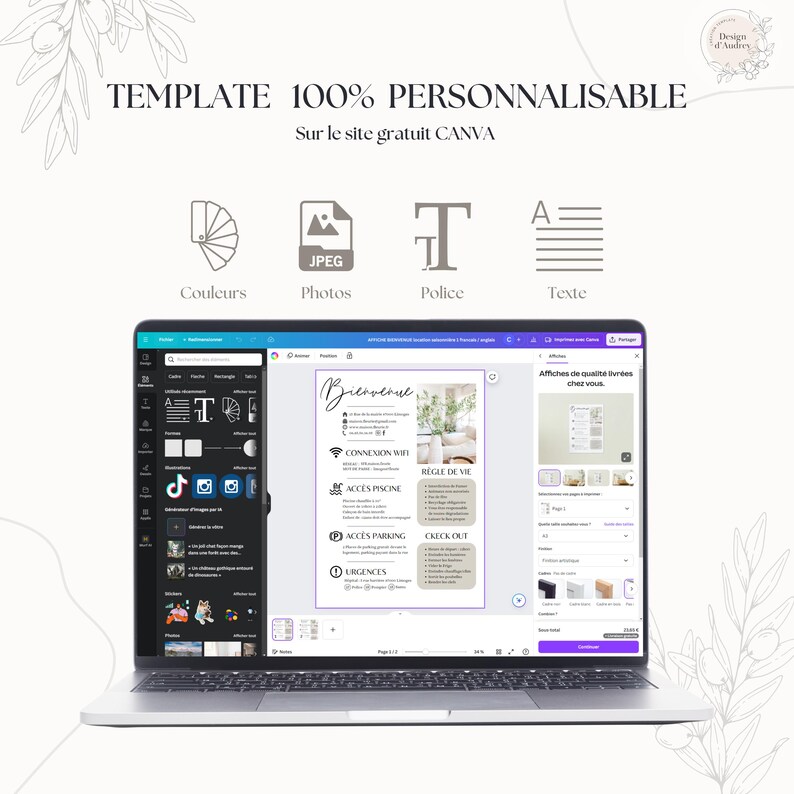 Puede incluir: Una computadora port&aacute;til muestra una plantilla personalizable con el texto "TEMPLATE 100% PERSONNALISABLE" e iconos para colores, fotos, fuente y texto. La pantalla muestra un dise&ntilde;o con la palabra "Bienvenue".