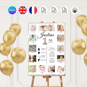 Affiche anniversaire personnalisée fille ou garçon / fête d' anniversaire 1 an / poster photo 12 mois de bébé / décoration anniversaire bébé