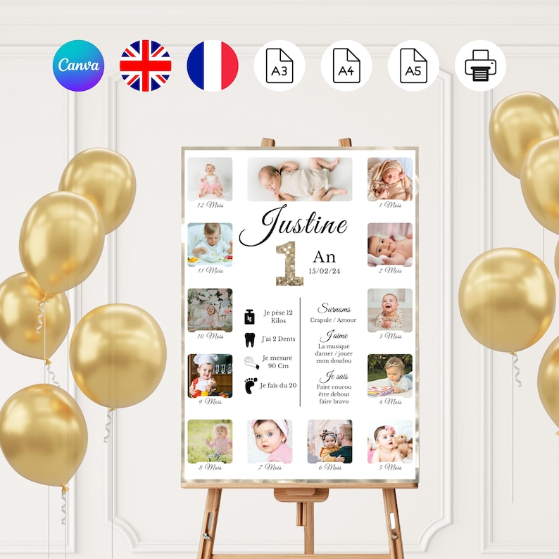 Affiche anniversaire personnalisée fille ou garçon / fête d' anniversaire 1 an / poster photo 12 mois de bébé / décoration anniversaire bébé