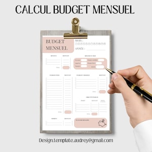 Op de afbeelding: Een printbare budgetplanner in het Frans met een roze en wit kleurenschema. De planner bevat secties voor inkomsten, uitgaven, spaardoelen en een samenvatting van de maand. De tekst op de planner luidt "Calcul Budget Mensuel" en "Budget Mensuel".