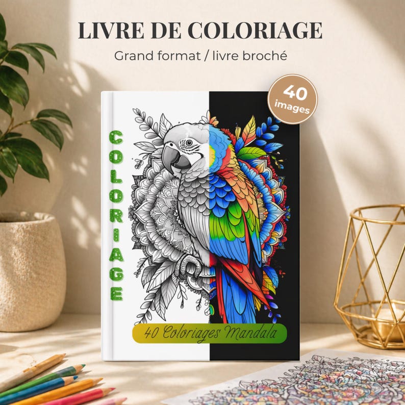 May include: A coloring book with a parrot design, featuring the text "LIVRE DE COLORIAGE" and "40 images." The cover is split, with a black and white parrot on one side and a colorful parrot on the other. The spine reads "COLORIAGE."