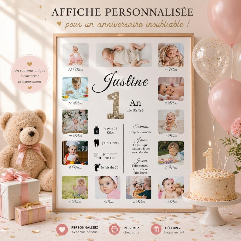 Puede incluir: Un collage de fotos personalizado para un primer cumplea&ntilde;os, con fotos del beb&eacute; de 1 a 12 meses. La impresi&oacute;n enmarcada incluye el nombre del beb&eacute;, el peso en kilos, la altura en cent&iacute;metros y otros hitos. Un oso de peluche, regalos y una tarta con una vela con el n&uacute;mero uno tambi&eacute;n est&aacute;n presentes.