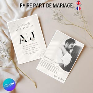 Convite de casamento em francês ou inglês / Convite para cerimônia de casamento de batismo / Convite para cerimônia frente e verso para impressão
