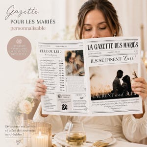 Peut inclure: Une femme tient un journal de mariage personnalisé intitulé "Gazette Pour Les Mariés". Le journal présente des photos, du texte et des jeux, avec le titre "Ils Se Disent Oui". Le design comprend un symbole de cœur et le texte "Divertissez vos invités et créez des souvenirs inoubliables!"