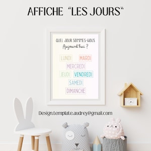 Cartel decorativo infantil Días de la semana / Modelo de cartel personalizable / Plantilla para aprender los días de la semana